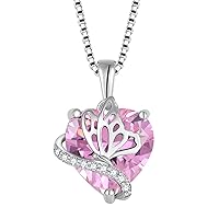 YL Heart Necklace for Women 925 Sterling Silver cut 12 Birthstone Cubic Zirconia Butterfly Pendant Jewellery Gifts for Wife Girlfriend