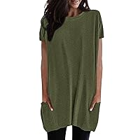 Womens Summer Casual Shirts 2024 Short Sleeve Tunic Tops with Pockets Loose Fit Blouse Oversized Tshirts for Women
