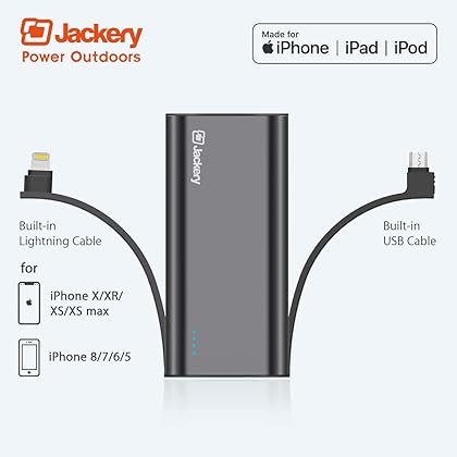 Portable Charger Jackery Bolt 6000 mAh Power Outdoors - Power bank with built in Lightning Cable [Apple MFi certified] iPhone Battery Charger External Battery, TWICE as FAST as Original iPhone Charger