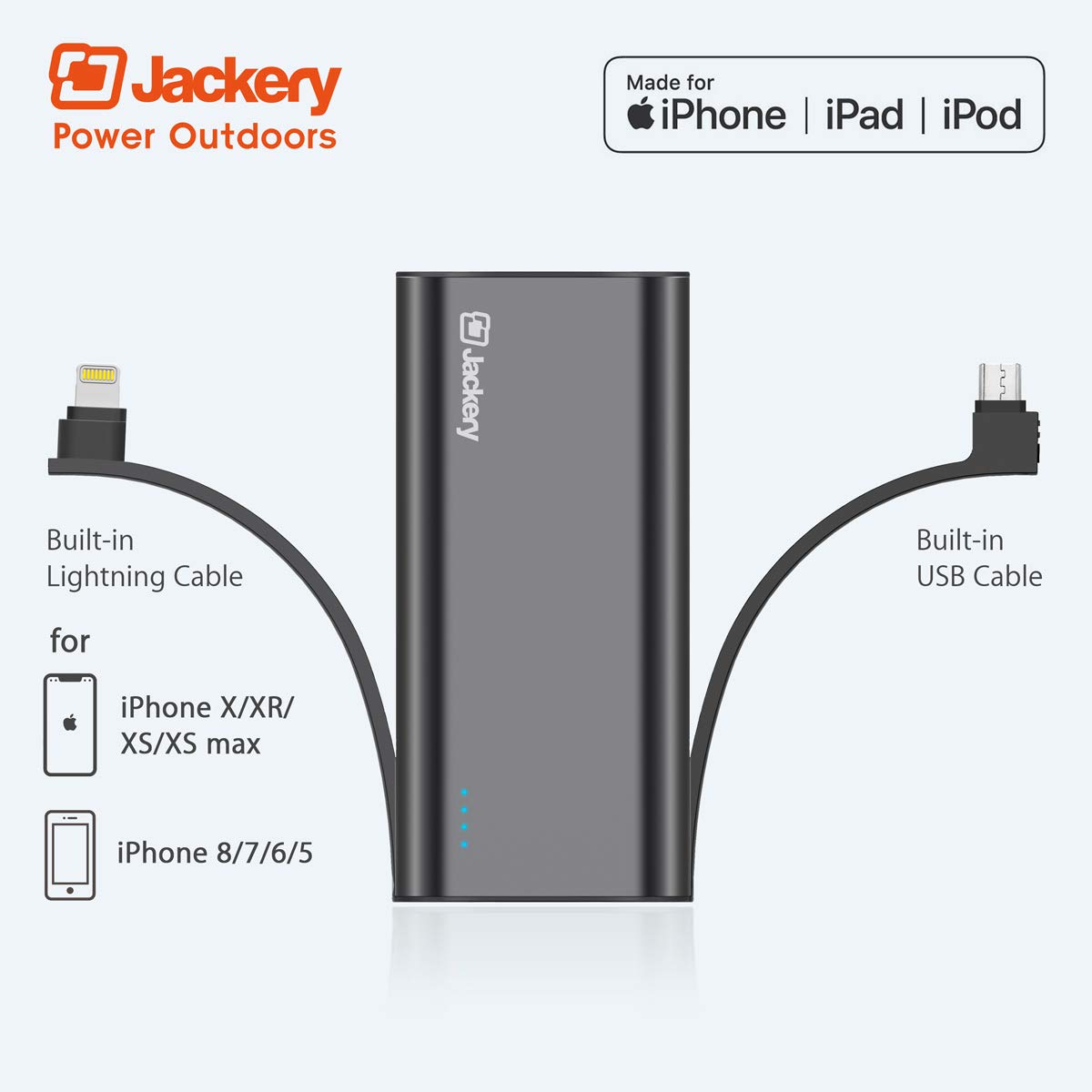 Portable Charger Jackery Bolt 6000 mAh Power Outdoors - Power bank with built in Lightning Cable [Apple MFi certified] iPhone Battery Charger External Battery, TWICE as FAST as Original iPhone Charger