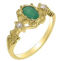 14k Yellow Gold Natural Emerald & Cultured Pearl Womens Trilogy Ring - Sizes 4 to 12 Available