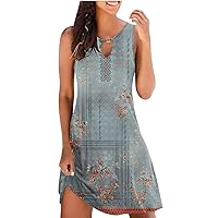 Casual Dresses for Women 2024，Women Casual Summer Floral Printed Tank Sleeveless Dress Hollow Out Loose Beach Dress