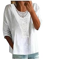 Oversized Shirts for Women Half Sleeve Crew Neck Cotton Linen Tunic Top Hollow Out Patchwork Solid Loose Fit Blouses