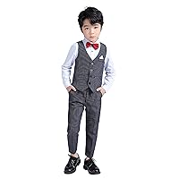 Boys Suit Vest Set 4-Piece Formal Suit Boy Long Sleeve Shirts Vest and Pants Outfits Set with Tie Bow