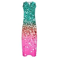 Women High Waist V Neck Shiny Graphic Maxi Dress Fashion Print Sundress Summer Sleeveless Boho Beach Tank Dress