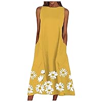 Women's Round Neck Glamorous Flowy Sleeveless Long Floor Maxi Beach Swing Dress Casual Loose-Fitting Summer Print Yellow