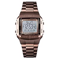 ROSEBEAR Men's Digital Watch with Stainless Steel Strap, 30 m Waterproof Sports Electronic Digital Watch, Dual Time Luxury Men's Small Golden Watch LED Luminous