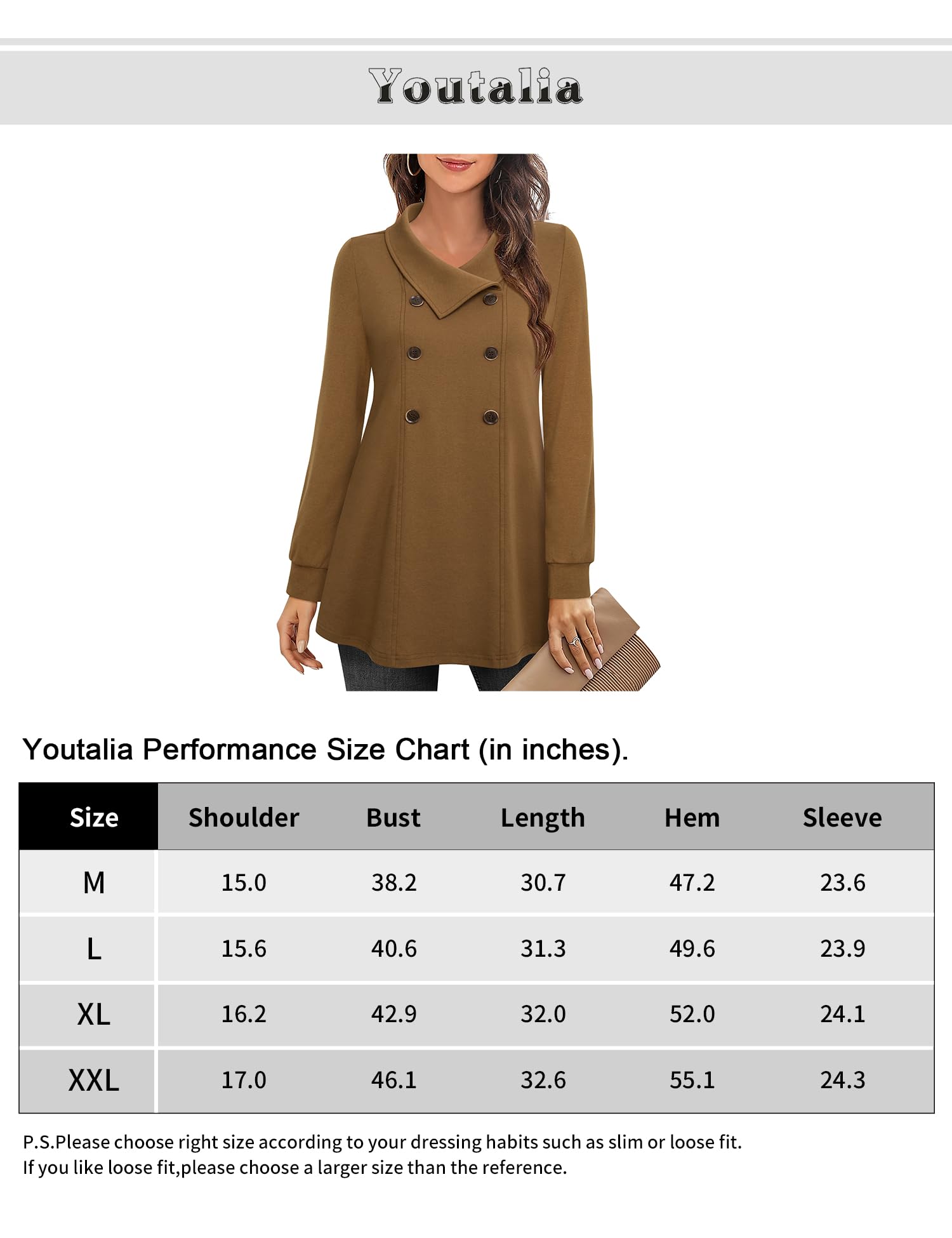 Youtalia Women's Long Sleeve Lapel Pullover Tunic Tops Ladies Swing Sweatshirts with Buttons