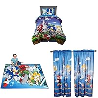 Franco Kids Bedding Super Soft Comforter and Sheet Set & Franco Kids Room Non Slip Area Rug, 69 in x 52 in & Sonic The Hedgehog Kids Room Window Curtain Panels Drapes Set, 82 in x 63 in