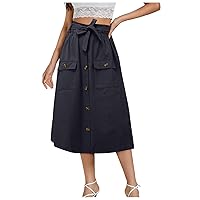 Women's Casual High Waist Pleated A-Line Midi Skirt Button Down Elastic Waist Fashion Casual Skirts with Pockets
