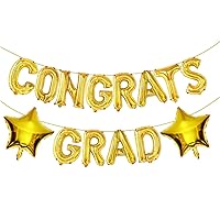 Gold Congrats Grad Letter Balloons, 16 Inch Congrats Foil Balloons Banner with 2 Pcs 18 Inch Gold Star Mylar Balloons 2024 Graduation Party Decoration Graduation Decorations Class of 2024
