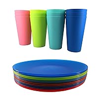 Large Plastic Cups and 10-inch Plastic Plates Reusable BPA Free Dishwasher Safe Set of 24 For Kids Indoor Outdoor Use