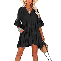 Womens Casual Summer Dress 2023 V Neck Bell Sleeve Mini Loose Flowy Swing Shift Beach Dresses