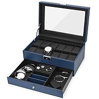 Watch Box, 12 Slots PU Leather Case Organizer with Jewelry Drawer for Storage and Display