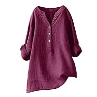 Women's Cotton Linen Shirts Plus Size 3/4 Sleeve Button Down Casual Blouses Shirt Summer Soft Work Blouse Peasant Top