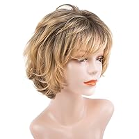1pc Short Wig Brown Mixed Hair Wigs Natural Curly with Bangs Synthetic Hair Fibers Full Wig Short Wavy Wig with Bangs for Women (yellow)