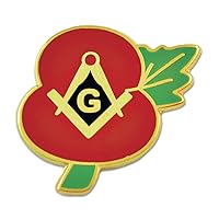 WWII Poppy Flower of Remembrance Lest We Forget Square & Compass Masonic Lapel Pin - [Red & Gold][7/8'' Tall]