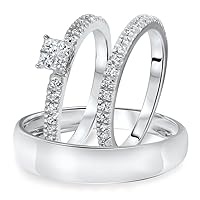 14K White Gold Over 3/8 Ct D/VVS1 Diamond Men's & Women's Engagement Trio Ring Set