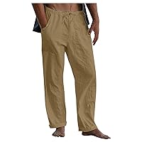 Mens Jogging Pants Men Dress Pants Loose Casual Solid Color Cotton Linen Trousers Elastic Tie Printed Straight Pants