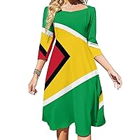 Guyana Flag Midi Dresses for Women Tie Flared A-Line Swing 3/4 Sleeves Cute Sundress