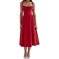 Midi Dresses for Women Corset Flowy Spaghetti Straps Slit Cute Dress A Line Casual Formal Long Satin Dress