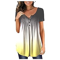 Loungewear Long Simple Blouse for Women Fall Short Sleeve Baggy V Neck Top for Ladies Button Down
