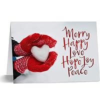 Red Mittens Heart Christmas Cards / 25 Winter Snow Holiday Cards With White Envelopes Pack / 5'' x 7'' Card Folded With Interior Verse/Made In The USA