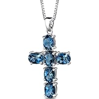 PEORA Genuine London Blue Topaz Cross Pendant Necklace for Women 925 Sterling Silver, December Birthstone, 6 Carats total Oval Shape, with 18 inch Chain