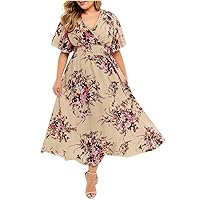 Plus Size Maxi Dress for Women V-Neck Printed Floral Sexy Evening Gown Maxi Dress High Waist Casual Summer Sundress