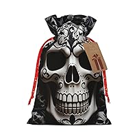WSOIHFEC Black and white skulls Christmas Gift Bags with Drawstring Burlap Christmas Treat Bags Reusable Christmas Candy Bag Gift Wrapping Bag Party Favors Bags