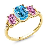 Gem Stone King 10K Yellow Gold 3-Stone Ring Oval Swiss Blue Topaz and Vivid Pink Moissanite (2.46 Cttw) (Size 8.5)