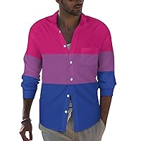 Bisexual Pride Flag Casual Long Sleeve Shirts for Men Lapel Button-Down Top T-Shirts Pocket Tees