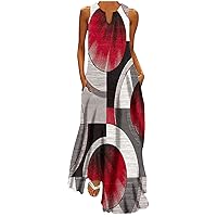 Women's Summer Maxi Dress Casual V-Neck Sleeveless Colorblock Long Dress Bohemian Beach Swing Sundress with Pockets