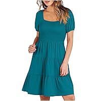 Summer Dresses for Women 2024 Casual Puff Sleeve Cute Short Dresses Square Neck Smocked Ruffle Midi Flowy Dresses