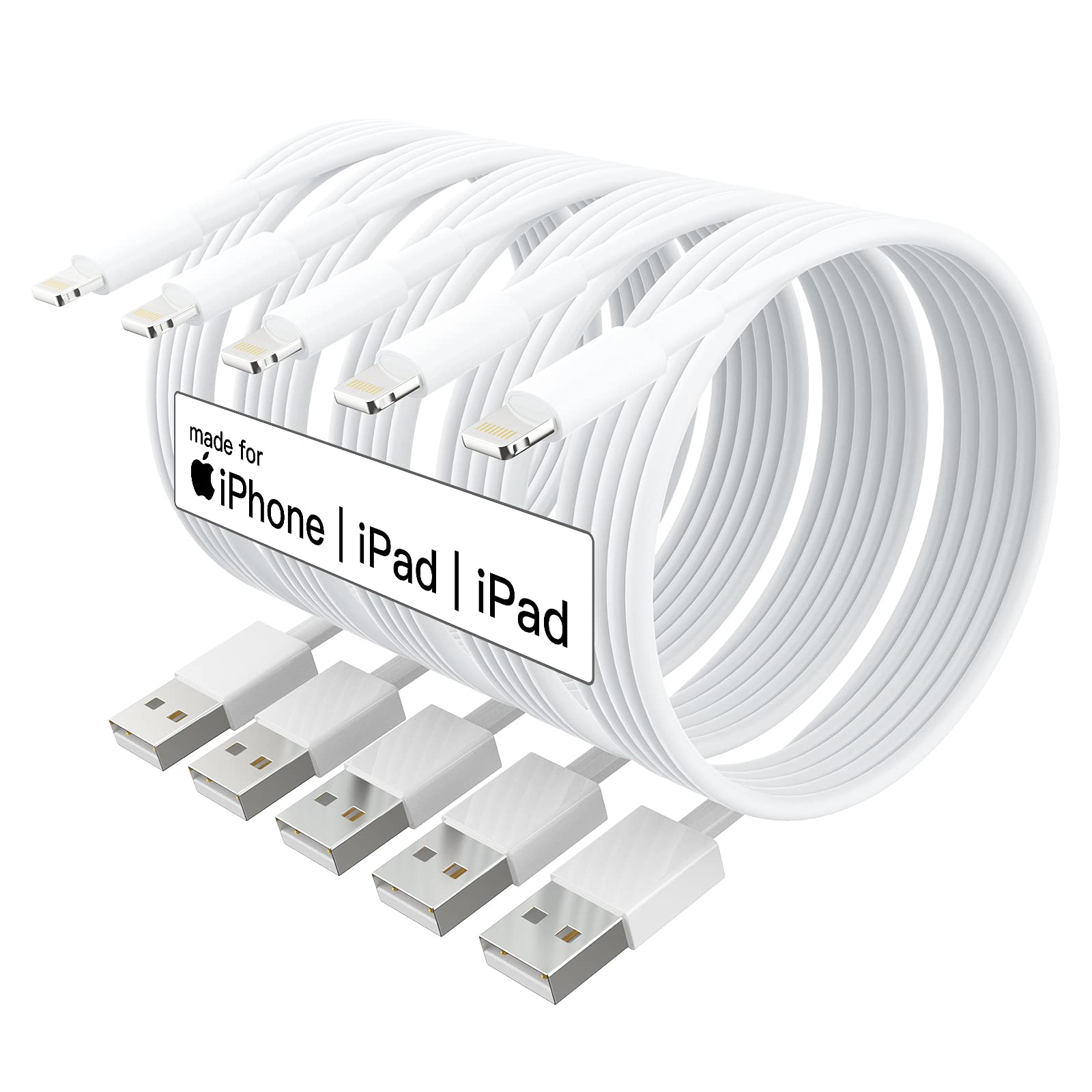 iPhone Charger Fast Charging[Apple MFi Certified] 5pack 10FT Long Lightning Cable Fast High Speed Data Sync iPhone Charger Cord for iPhone 14/13/12/11 Pro Max/XS MAX/XR/XS/X/8/7/Plus airpods (White)