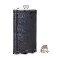 12 oz Pocket Black Whiskey Liquor Leather Wrapped Flask with Funnel and Premium Box - Stainless steel and Leak Proof