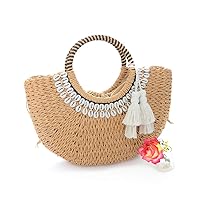 Semi-circle Beach Rattan Straw Handbags with Tassels Pendant, Simple Retro Fashion Hand-woven Summer Beach Tote Straw Bag Purse with Sea Shell for Women