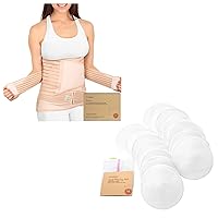 3 in 1 Postpartum Belly Support Recovery Wrap and Bamboo Viscose 3-Layers Nursing Breast Pads - Postpartum Belly Band - 14 Washable Pads + Wash Bag - After Birth Brace