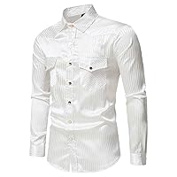 Striped Shirt Men Double Pockets Seamless Long Sleeve Shirts Silky Slim Fit Casual Business Formal Dress Shirt
