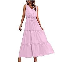 Womens Summer Maxi Dress V Neck Sleeveless Vacation Sundress Tiered Ruffle Long Dresses Boho Style Dress Resortwear