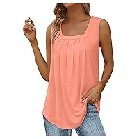 Summer Tank Tops for Women Solid/Print Square Neck Pleated Shirts Casual Flowy Loose Fit Sleeveless Blouse