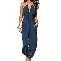 CUPSHE Women's Plunge Halter Sleeveless Pleated Long Romper Knit Jogger Maxi Jumpsuit with Pockets
