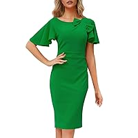 Dresses for Women 2024 Round Neck Short Sleeve Solid Color Bag Hip Slimming Bow Temperament Dress