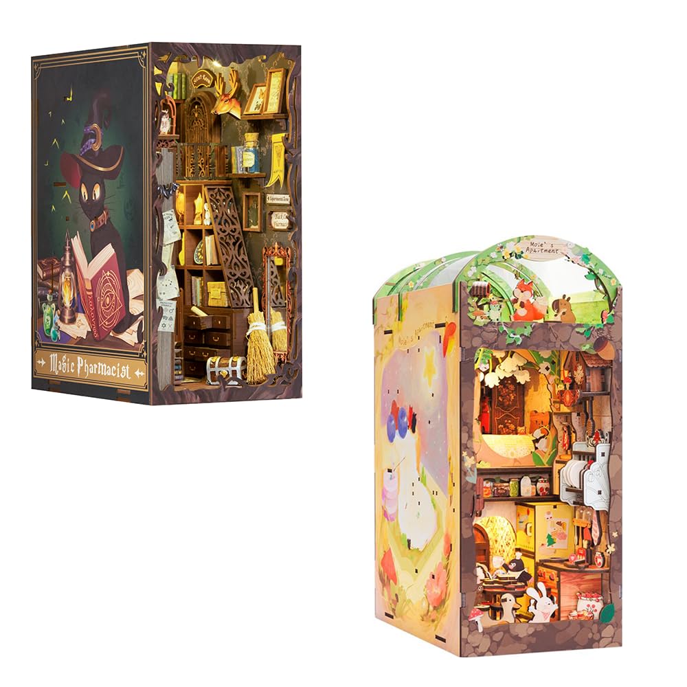 Fsolis DIY Book Nook Kit, Book Nook Bookshelf Decor with Dust Cover Mini House Model Kit LED Dollhouse Kit Decorative Bookends Bookshelf Insert Booknook Kit Book Nook Kits for Adults