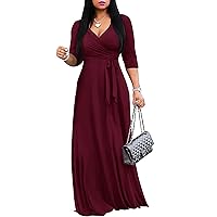 FANDEE Women's 2024 Maxi Dress - Solid Color Bohemian Summer Long Maxi Dress V-Neck 3/4 Sleeve