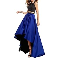 Women's Crew Neck 2 Pieces High Low Prom Dress Satin Beading A-Line Evening Gown with Pocket