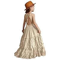Girls Kids Lace Back Full-Length Backless Tulle Party Holiday Flower Girl Dress Size 4-14