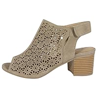 Women's Elect Caged Geometric Laser Cut Out Peep Toe Slingback Chunky Stacked Heel Ankle Bootie