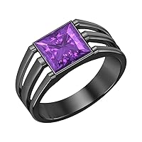 Princess Cut Amethyst 14K Black Gold Plated Solitaire Wedding Band Engagement Ring for Mens