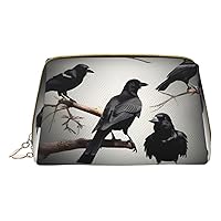BREAUX Black Crow Birds On A Branch Print Leather Portable Cosmetic Bag, Portable Cosmetic Clutch Bag, Leather Cosmetic Bag (Small)